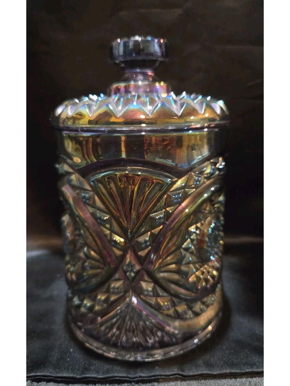 Imperial Scroll Flower Panels Smoke Peacock Carnival Glass Canister Lid IG Mark